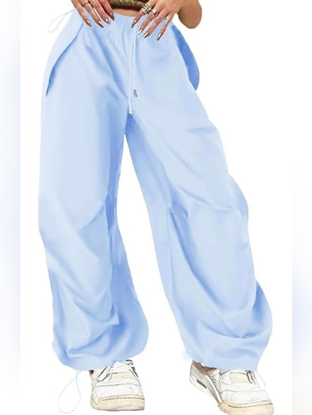 NEW Womans Y2K Inspired Drawing Oversized Baggy Parachute Pants in Light Blue XL